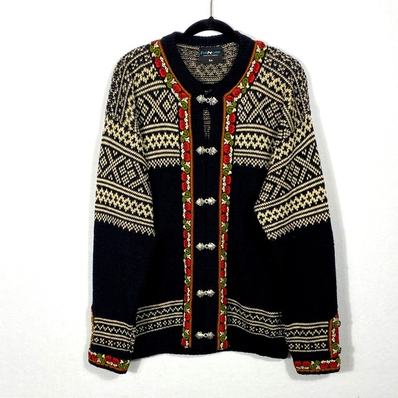 EveNord Nordstrikk Pure New Wool Black and Cream Patterned Cardigan - Picture 1 of 12